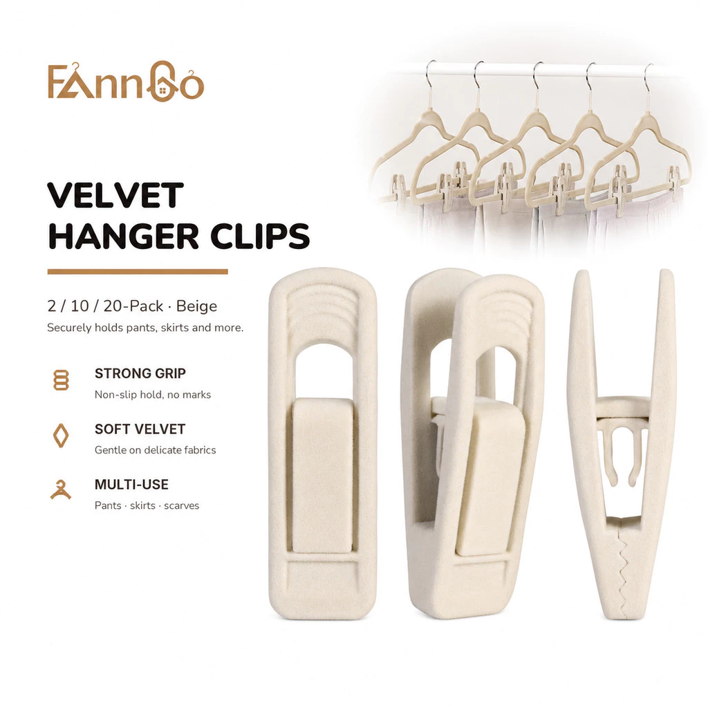 Kẹp treo quần áo nhung Fanngo, gói 10-20 chiếc, chống trượt, dùng cho quần, váy, quần áo, tay cầm chắc chắn, không để lại vết, bền đẹp, có chức năng thoát nước.