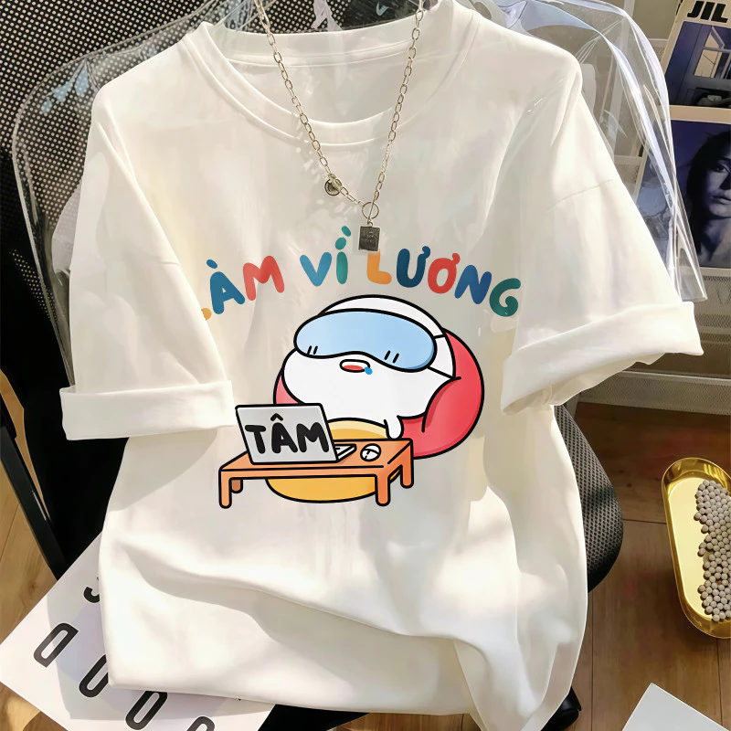 Áo thun nữ tay ngắn trắng in họa tiết hoạt hình đáng yêu cổ tròn vải mềm thoáng khí trẻ trung đi chơi
