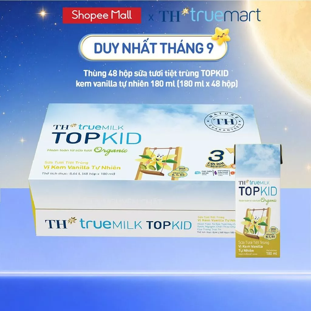 Thùng 48 hộp sữa tươi tiệt trùng TH true MILK TOPKID Organic vị kem vanilla tự nhiên 180ml (180ml x48)
