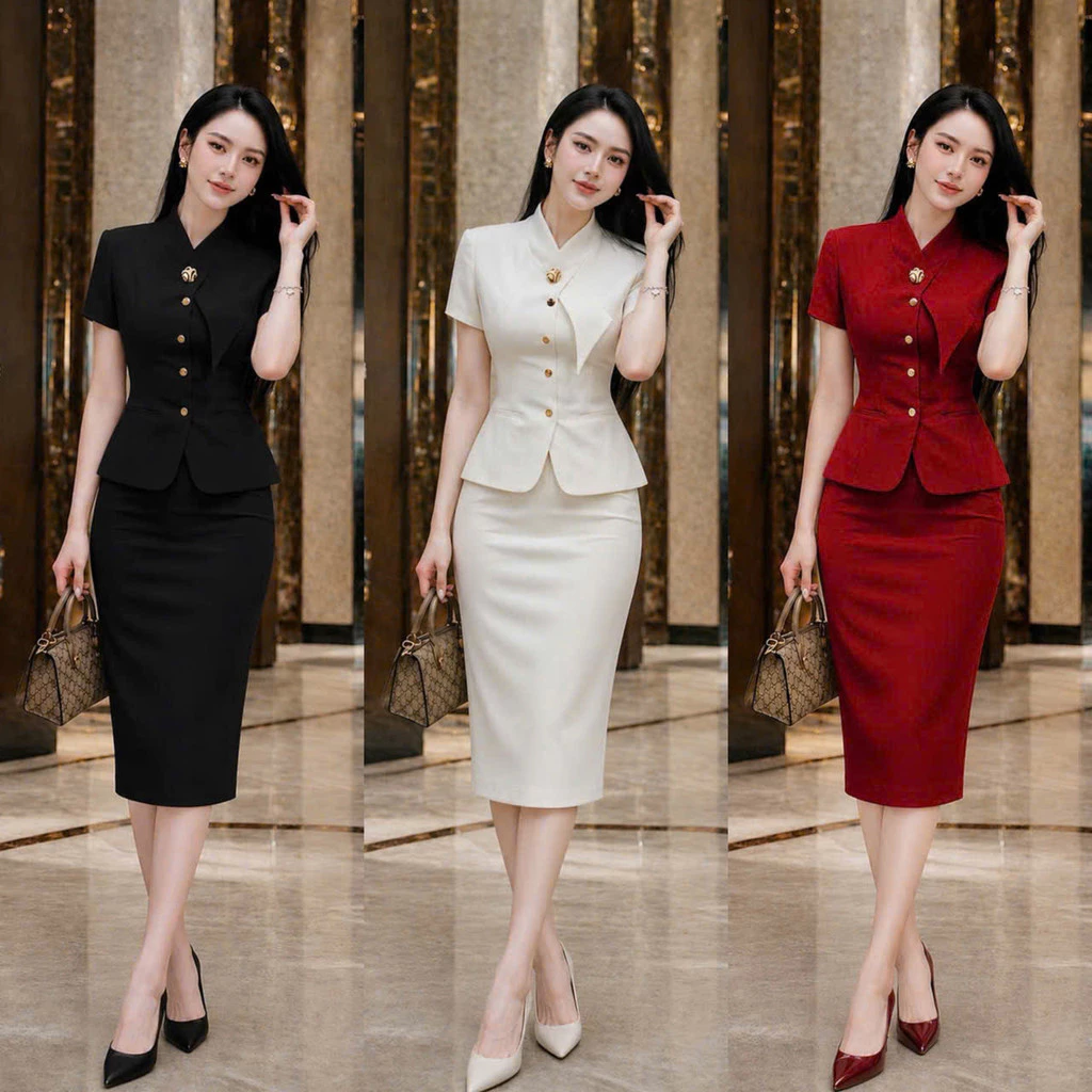 (MAY KỸ - 2 LỚP) Bộ Vest Nữ KÈM Chân Váy Công sở Vải Xước Hàn Thiết Kế Sang Trọng Thanh Lịch NY NA STORE