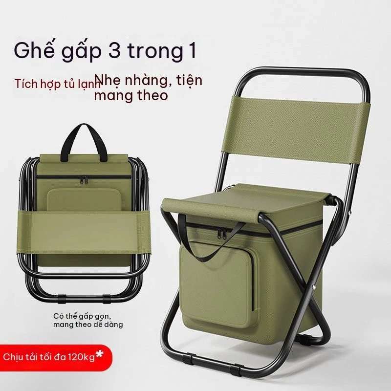 Ghế gấp câu cá 3 trong 1 có túi giữ lạnh 10L, ghế dã ngoại cắm trại gọn nhẹ dễ mang theo