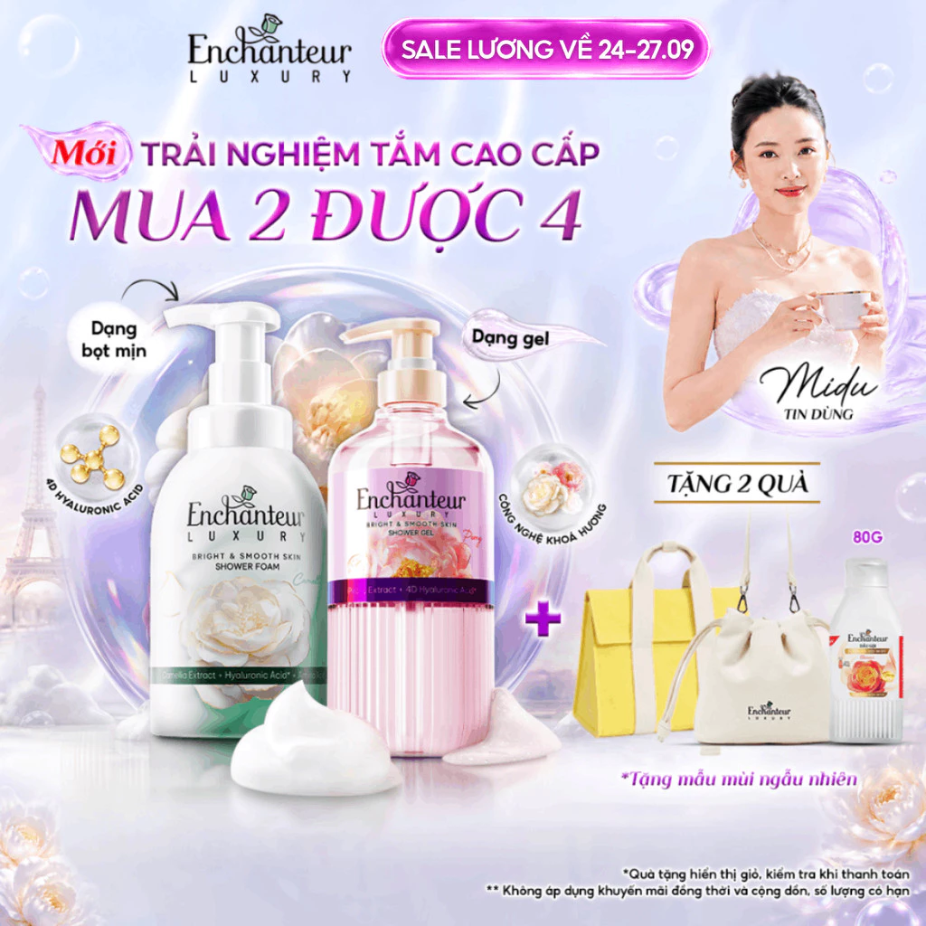 Trải Nghiệm COMBO Tắm Cao Cấp Enchanteur Luxury Dưỡng Da Sáng Mịn Chiết Xuất Hoa Trà/ Hoa Mẫu Đơn + 4D Hyaluronic Acid