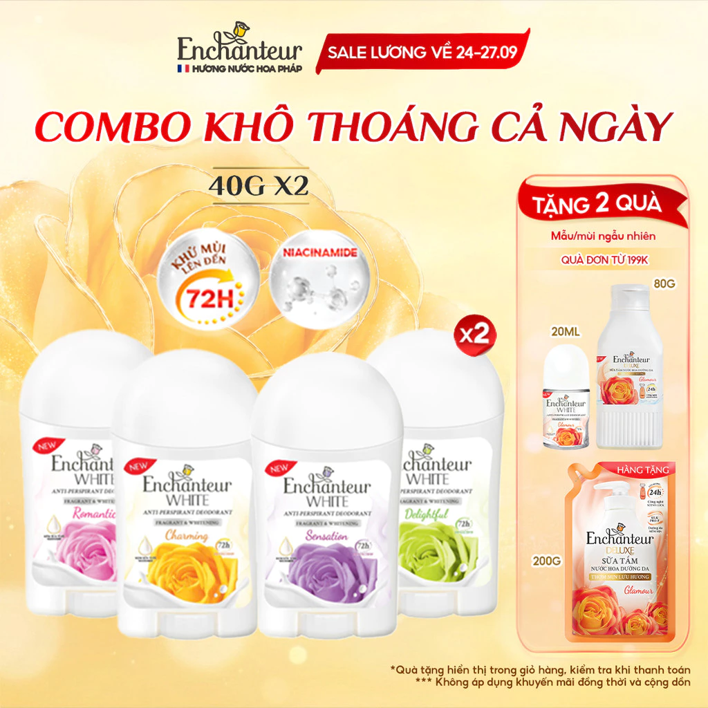 Combo 2 Sáp Khử Mùi Enchanteur Khô Thoáng Dưỡng Trắng từ Niacinamide Hương Nước Hoa Pháp Cao Cấp 40g