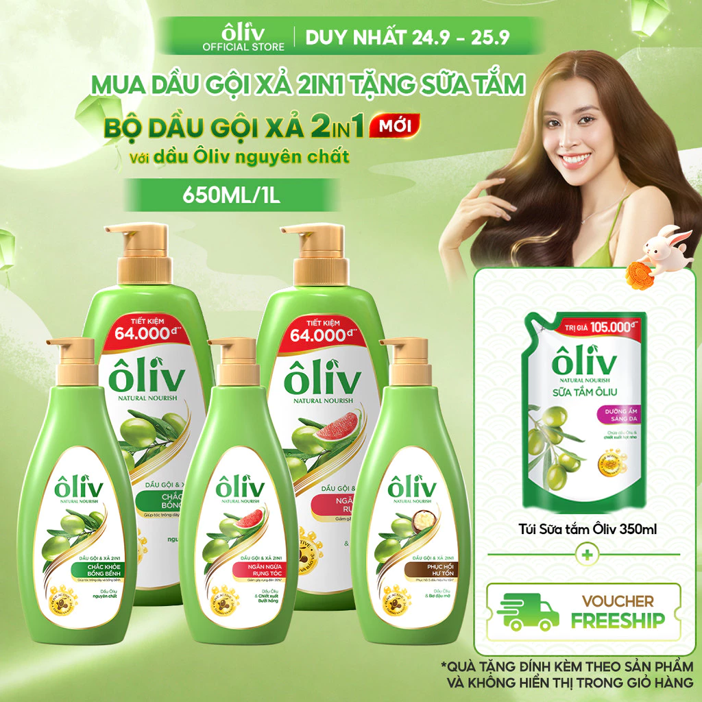 [SẢN PHẨM MỚI] Combo Dầu Gội Xả ÔLIV 2IN1 Gấp Đôi Dưỡng Chất 650ML/1L Tặng Túi Sữa Tắm Sáng Da 350ML