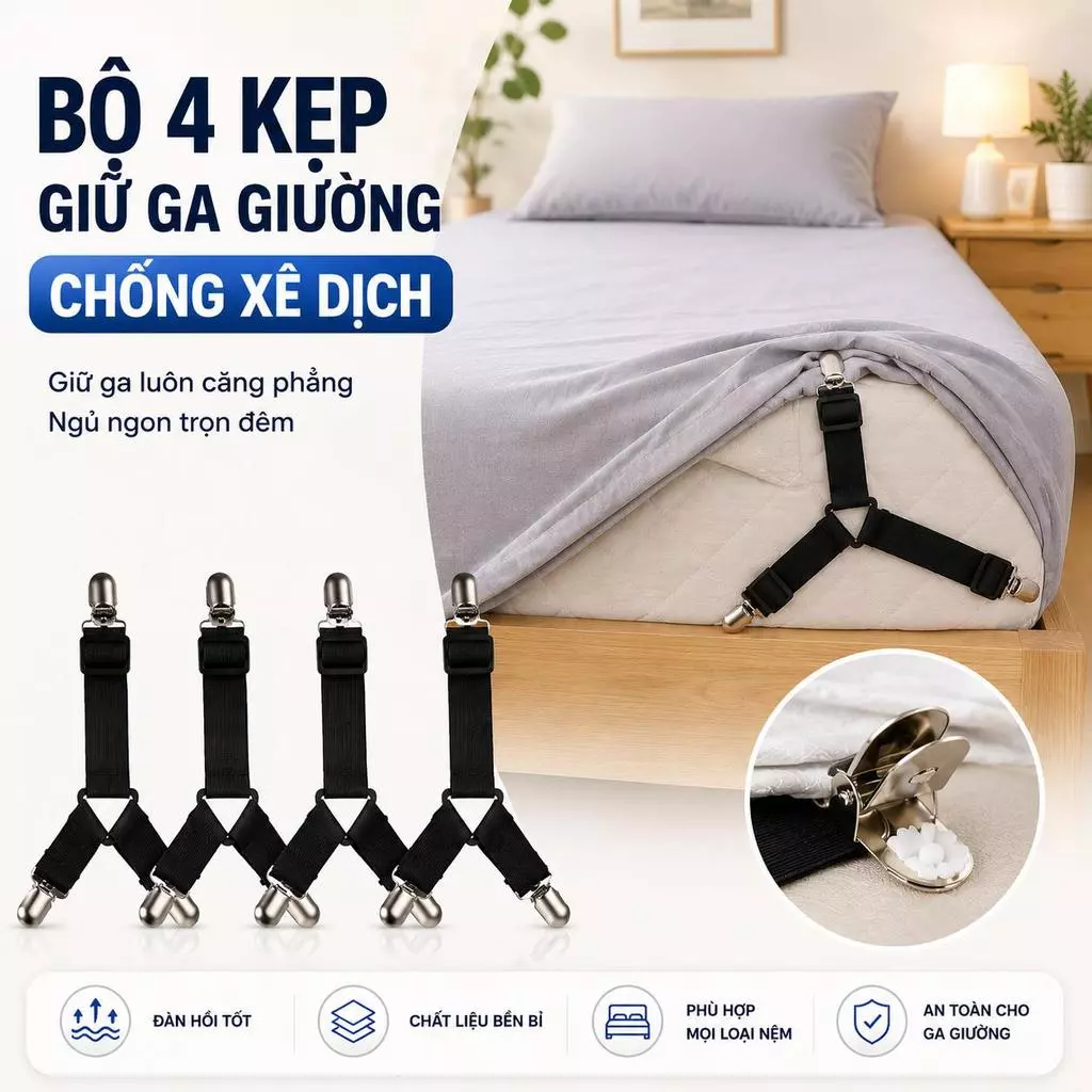 Kẹp Giữ Ga Giường 3 Chấu Bộ 4 Cái Chống Xê Dịch Chống Bung Drap Nệm Điều Chỉnh Linh Hoạt - GD364