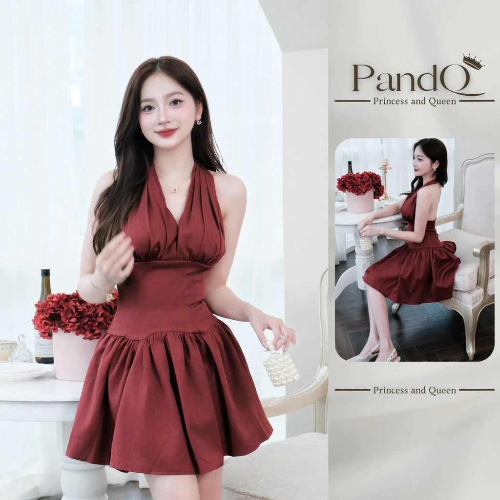 Váy đỏ cổ yếm dáng xòe chít eo PandQ, Đầm dự tiệc nữ bố ruby cao cấp đứng form sang chảnh | vd0127