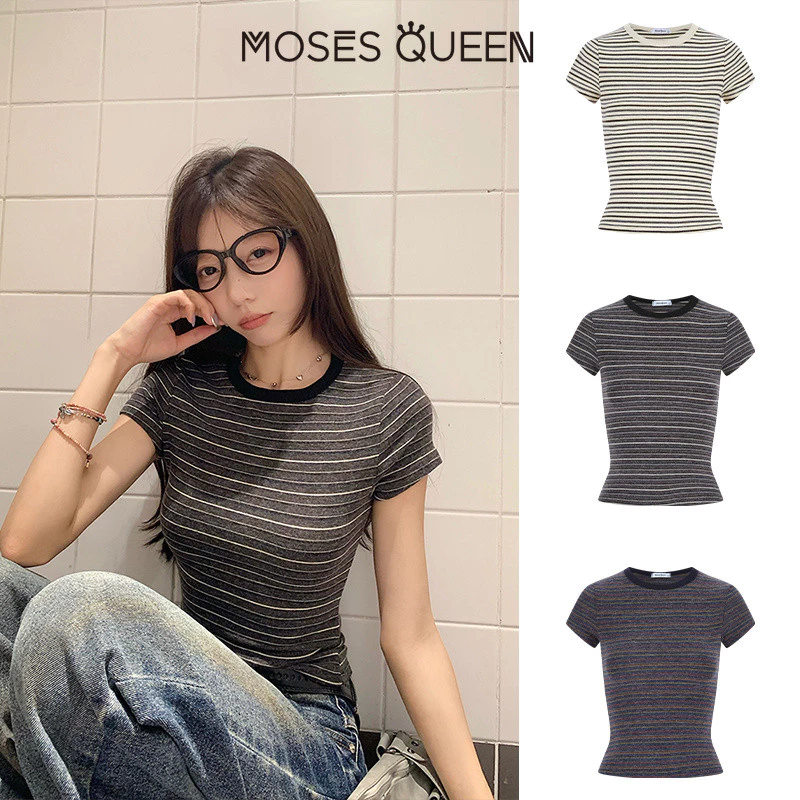 MOSESQUEEN Áo thun cổ áo tròn, tay ngắn, dáng thon, họa tiết kẻ sọc tương phản vintage kiểu Mỹ, phong cách cho nữ giới, mùa hè #63960