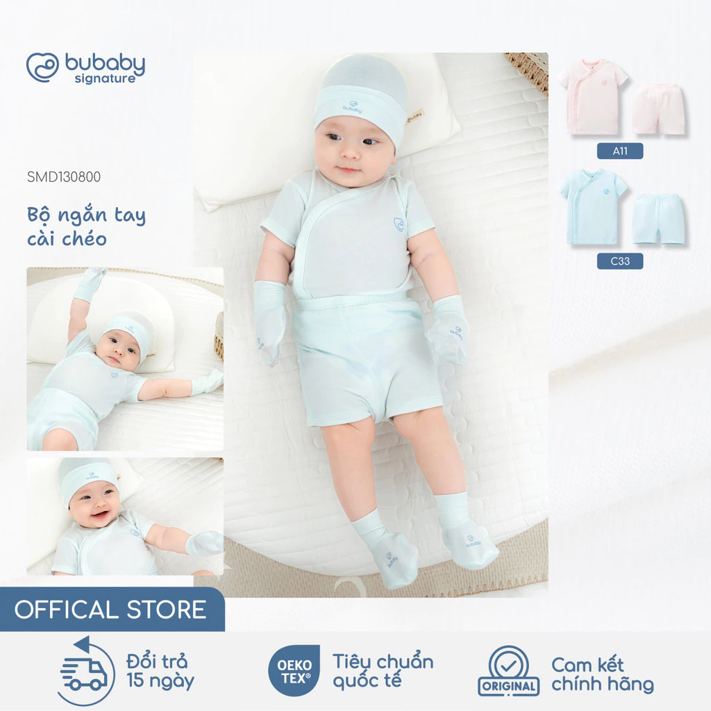 Bộ quần áo cộc tay cài chéo basic BU Baby, bộ đồ sơ sinh bé trai bé gái, bộ cộc tay trẻ em | SMD130800