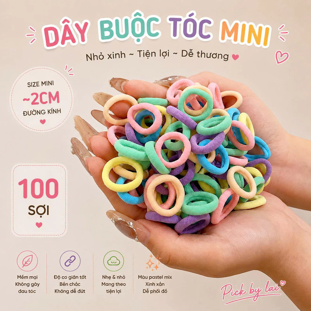 Set 100 Dây Buộc Tóc Mini 2cm Nhiều Màu, Thun Cột Tóc Nữ Nhiều Màu Cute Nhỏ Gọn Tiện Dụng