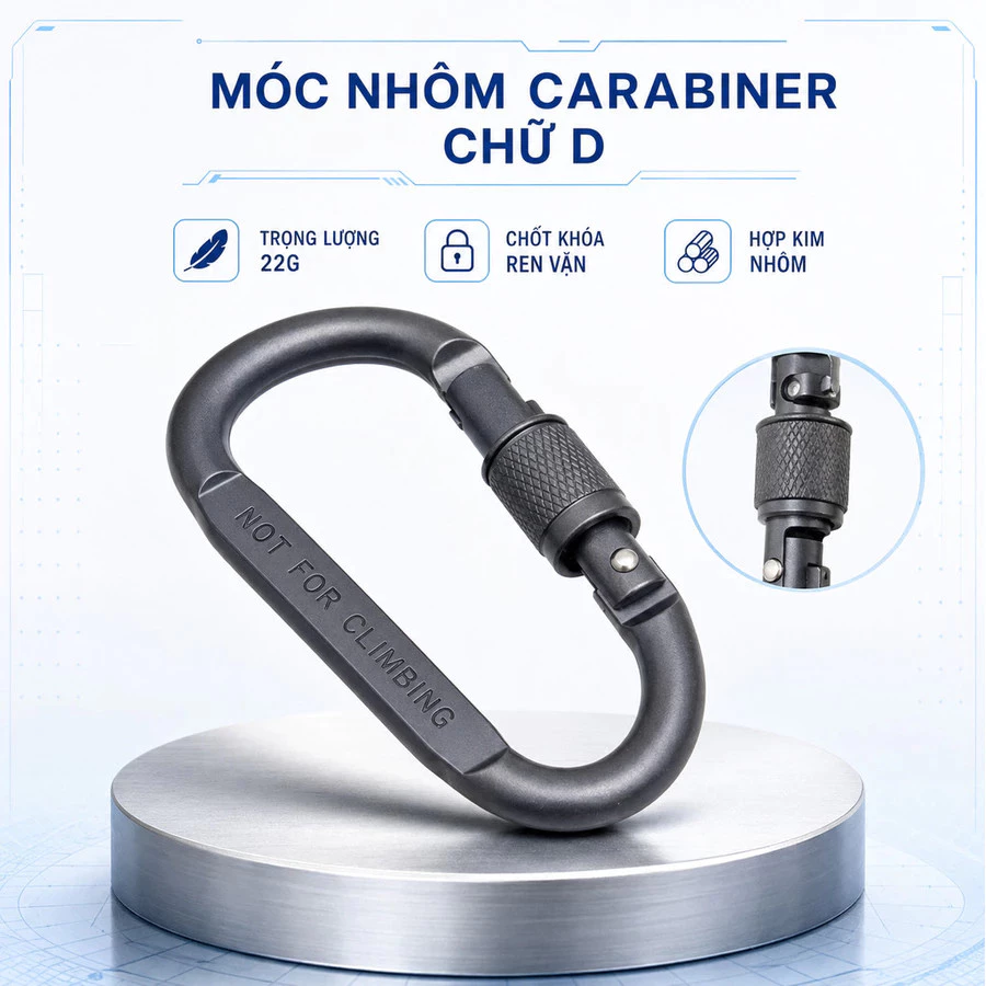 Móc Khóa Nhôm Carabiner Chữ D Có Ren Vặn Chốt, Móc Treo Balo Chìa Khóa Cắm Trại Nhẹ 22g-TOOLIX