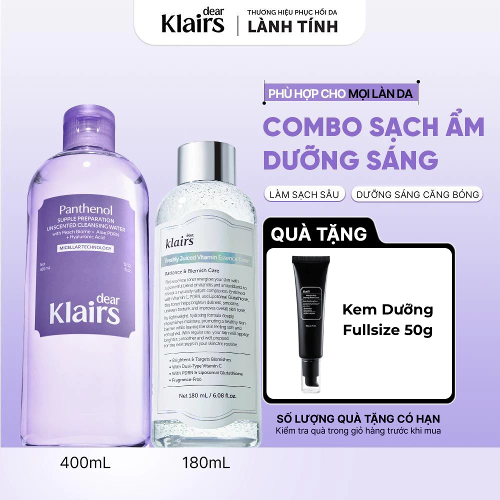 COMBO Dear Klairs Nước Tẩy trang Unscented Cleansing Water 400ml + Nước hoa hồng Vitamin Essence Toner 180ml [FS]