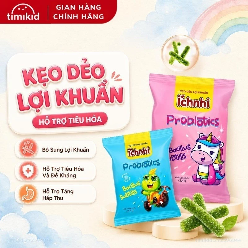 Kẹo dẻo lợi khuẩn Ích Nhi (tách lẻ 1 gói) chứa lợi khuẩn bacillus subtilis hỗ trợ tiêu hóa, đề kháng, tăng hấp thu
