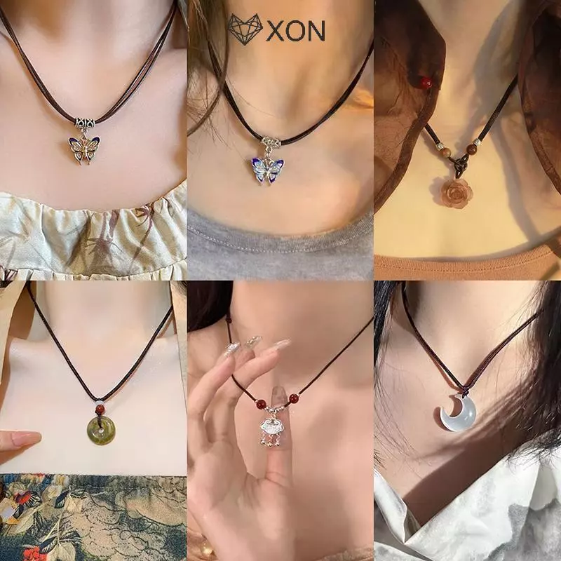 [XON] Phong Cách Trung Hoa Thời Trang Retro Dây Bện Nelace Bướm Hoa Mặt Trăng An Toàn Lo Mặt Dây Chuyền Nelace Dành Cho Nữ Trang Sức Cổ Điển [Mina]
