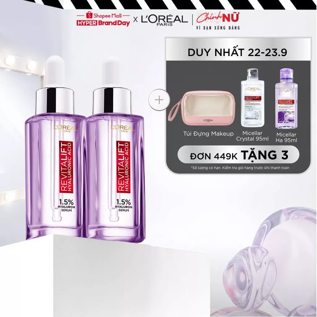 Bộ 2 serum siêu cấp ẩm & giảm nếp nhăn L'Oreal Paris Revitalift Pure Hyaluronic Acid 1.5% (30ml x 2)