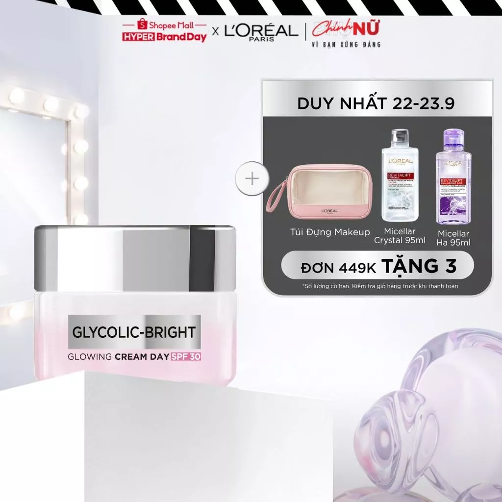 Kem dưỡng ban ngày dưỡng sáng mịn & mờ thâm nám L'Oreal Paris Glycolic (AHA) Bright [Glycolic + Niacinamide] SPF 30 50ml