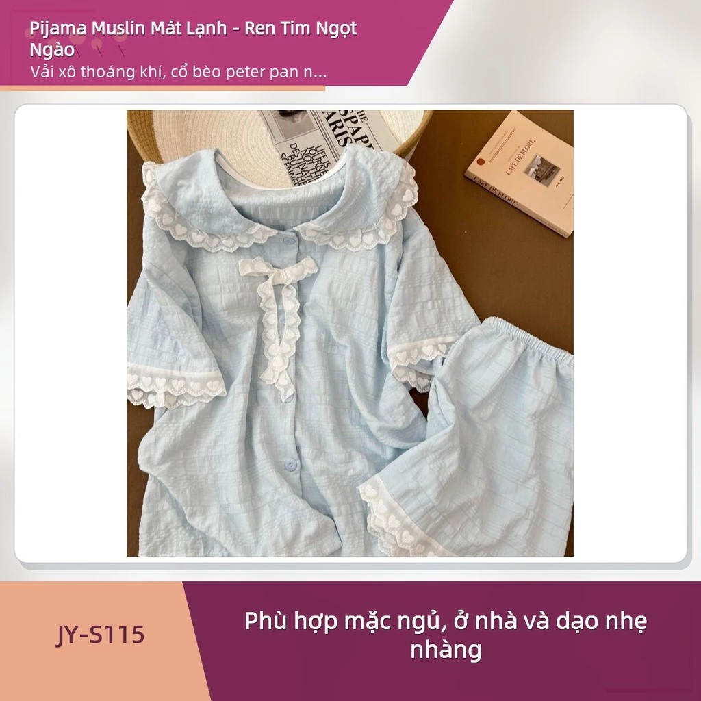 Đồ Bộ Mặc Nhà Nữ Vải Xô Muslin Thoáng Mát Cổ Peter Pan Viền Ren Tim Ngọt Ngào Mã JY-S115 ✨Luyoo19.vn✨
