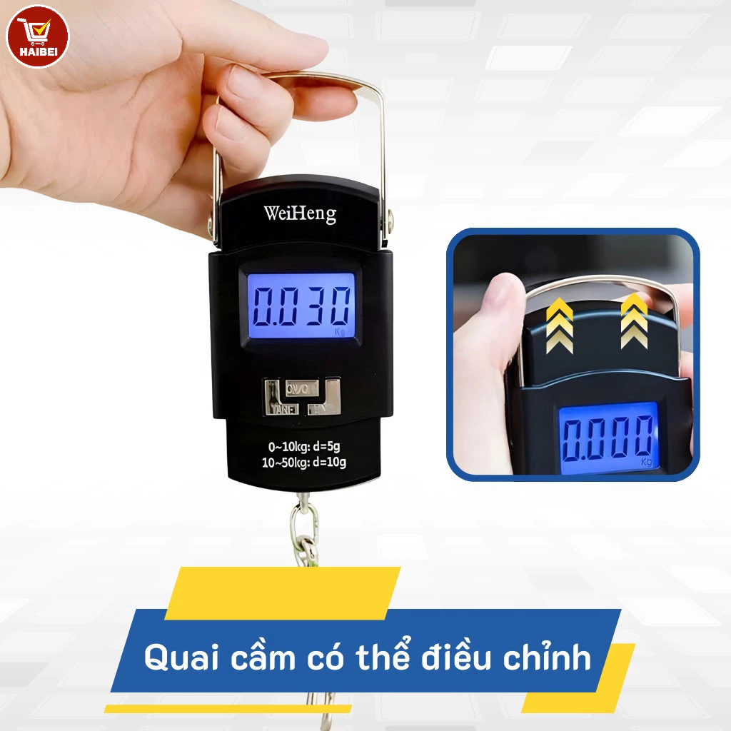 Cân điện tử, cân cá, cầm tay, độ chính xác cao, tải trọng tối đa 50kg, độ sáng cao.