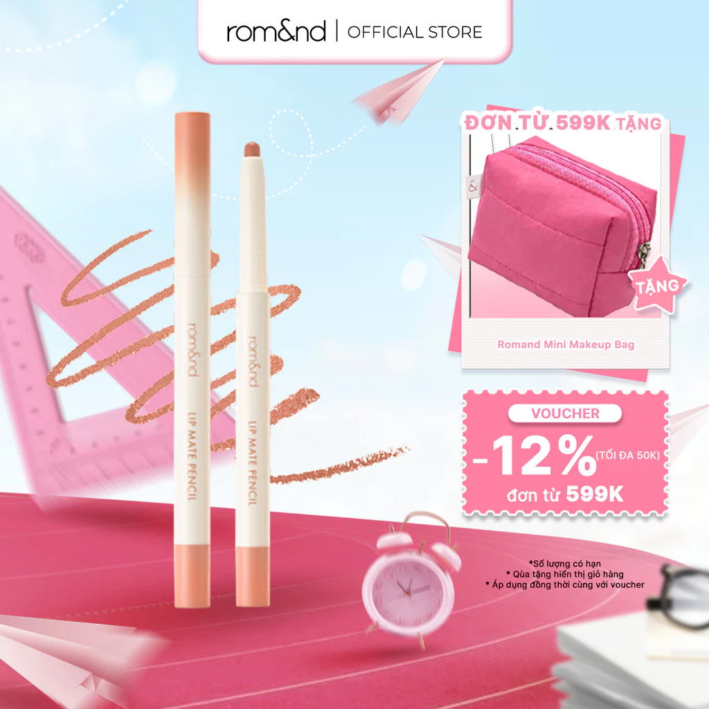 [Rom&nd x KOL] Chì kẻ viền môi mịn lì, kèm cọ tán Hàn Quốc Romand Lip Mate Pencil - Be OVEEER Shade - 0.5g