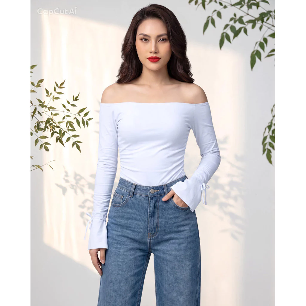 ❤️Áo Bodysuit Nữ Trễ Vai Tay Loe Nhún Bèo Màu Trắng Mã AO43F00423
