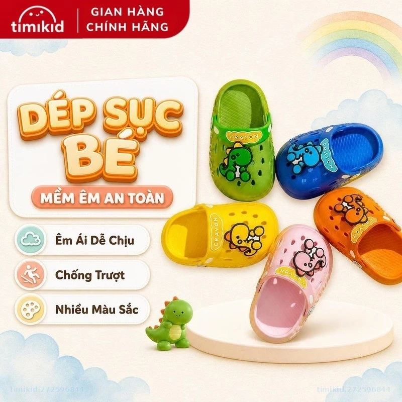 Dép Sục Đế Mềm Chống Trượt - Dép Crocs Cho Bé Họa Tiết Khủng Long Nhiều Màu Sắc Đáng Yêu