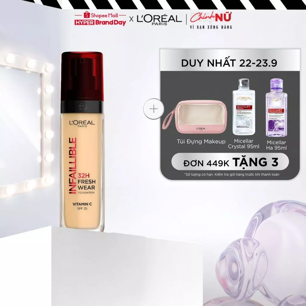 Kem nền che phủ bất bại 32H, tự nhiên như da thật L’Oréal Paris Infaillible 32H Foundation Vitamin C SPF 25 30Ml