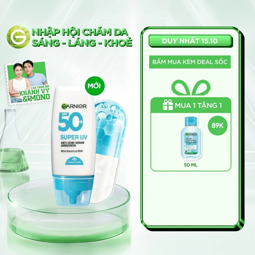 Kem Chống Nắng Garnier Phổ Rộng Kiềm Dầu Đến 12H & Hỗ Trợ Giảm Mụn Spf 50+PA++++ 30ML