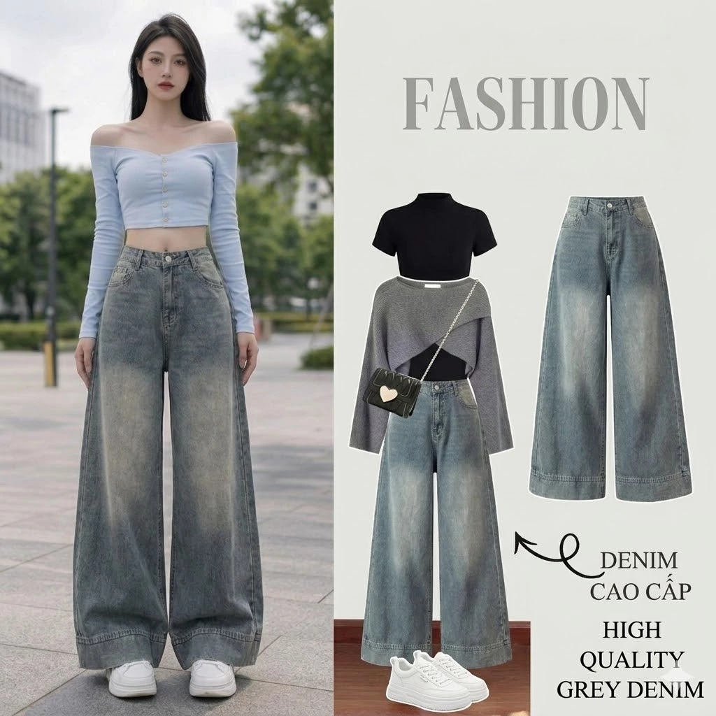 Quần jeans nữ ống suông ống rộng, lưng cao tôn dáng màu xanh retro gấu to phù hợp đi học đi làm đi chơi Back to School