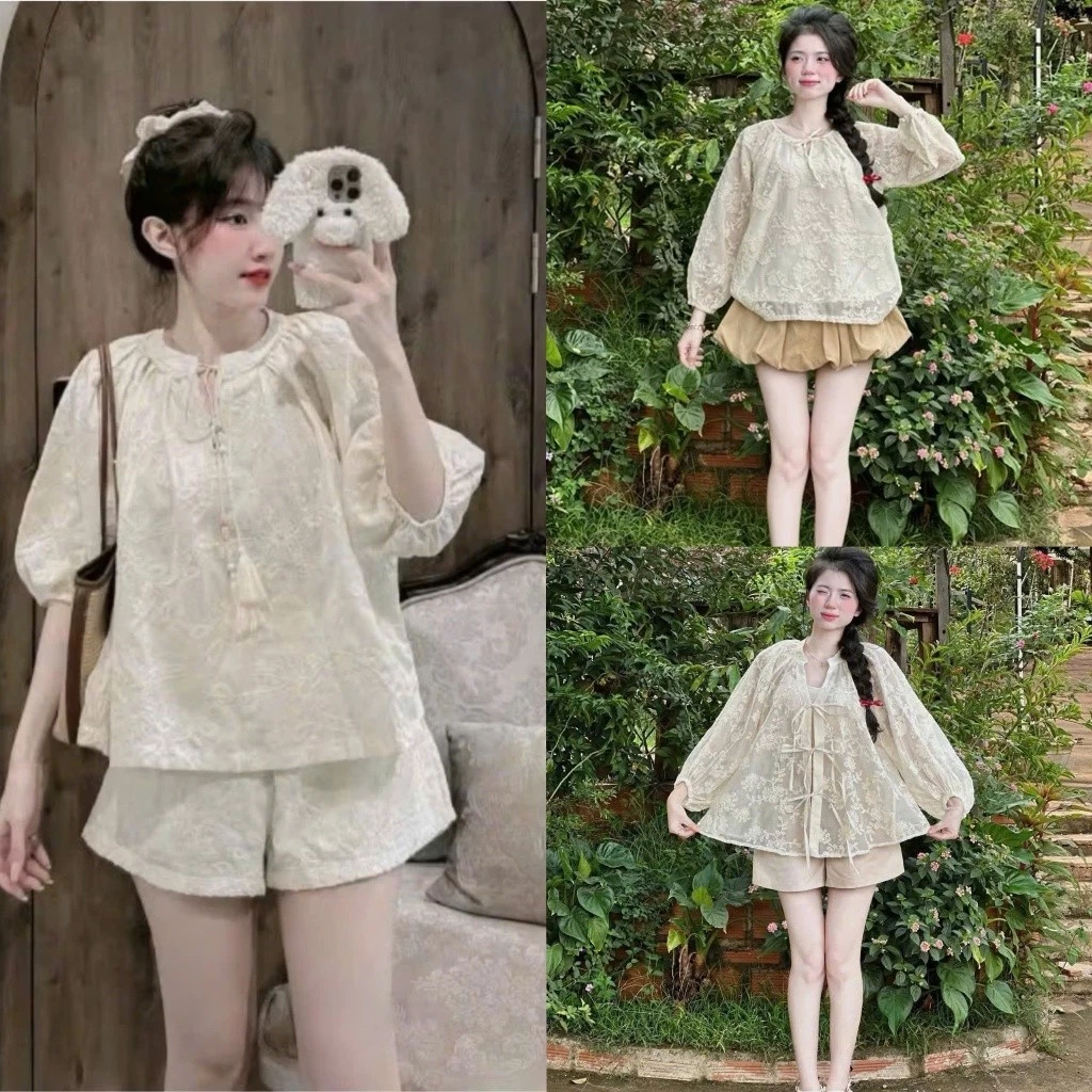 Set bộ đùi - Sét bộ đùi nữ babydoll tiểu thư, sét thô ren thêu 2 lớp cổ tròn cột dây nơ tay lửng phối quần ngắn xinh xắn