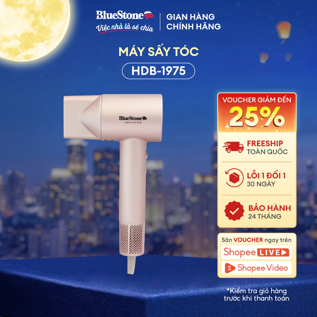 Máy Sấy Tóc BlueStone HDB-1975 - 1600W - BLDC 110.000 RPM - Ion Âm Chống Xơ - 3 Nhiệt 4 Chế Độ - Giảm Ồn An Toàn