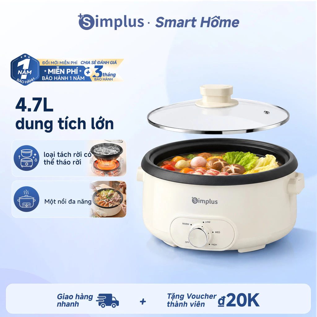 Simplus nồi lẩu điện đa năng có thể tháo rời 4.7L dung tích lớn 1300W Dùng để nhúng/nấu/hầm/ninh/xào/chiên/rán DHGH004