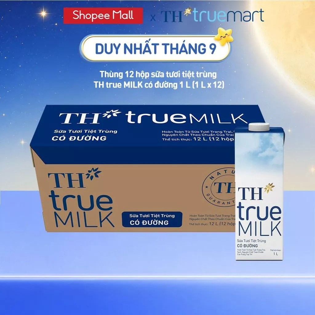 Thùng 12 hộp sữa tươi tiệt trùng TH true MILK có đường 1 L (1 L x 12)