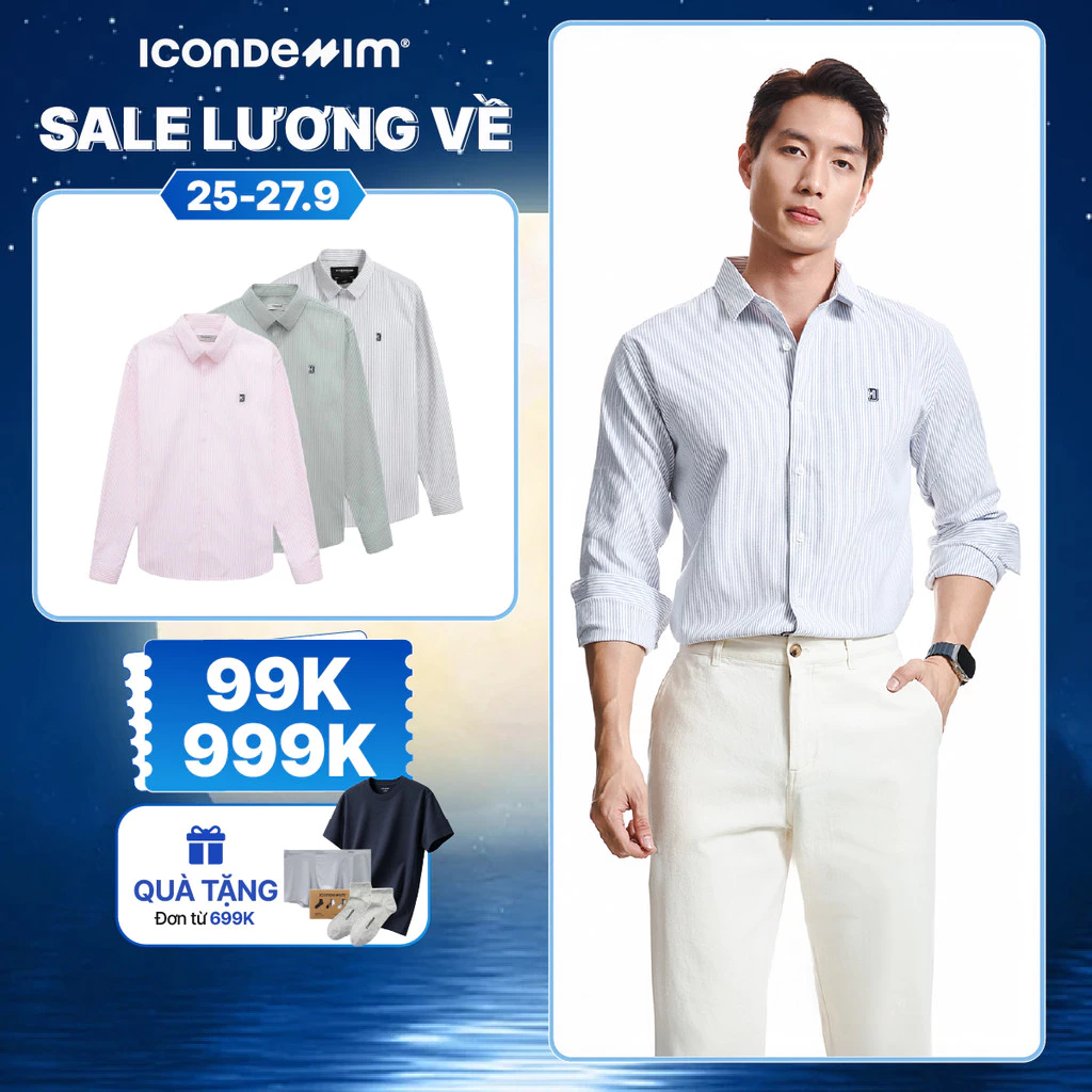 Áo sơ mi nam oxford tay dài ICONDENIM, họa tiết sọc palewave logo thêu tạo điểm nhấn, form slimfit tôn dáng SMID0145
