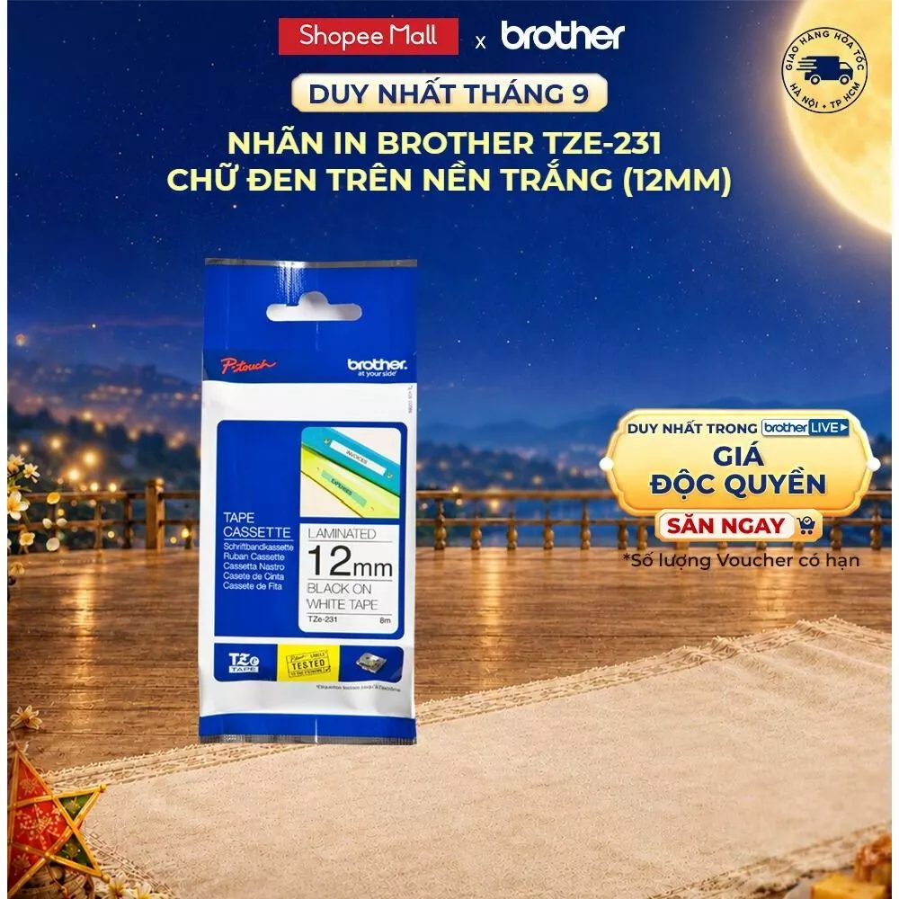Nhãn in Brother TZe-231 chữ đen trên nền trắng (12mm)
