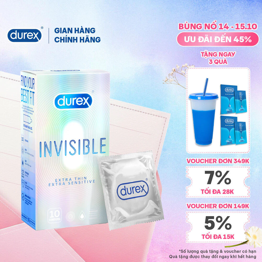 Bao cao su Durex Invisible siêu mỏng, size 52mm, hộp 10 bao