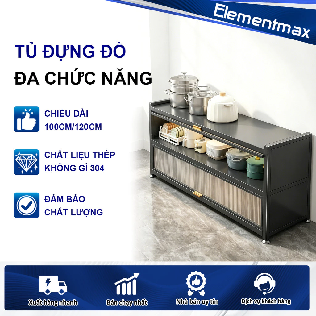Tủ nhà bếp 3 tầng đa chức năng Tích hợp lưu trữ + bàn làm việc 2 trong 1 Chất liệu thép carbon dày Bịt kín 6 mặt