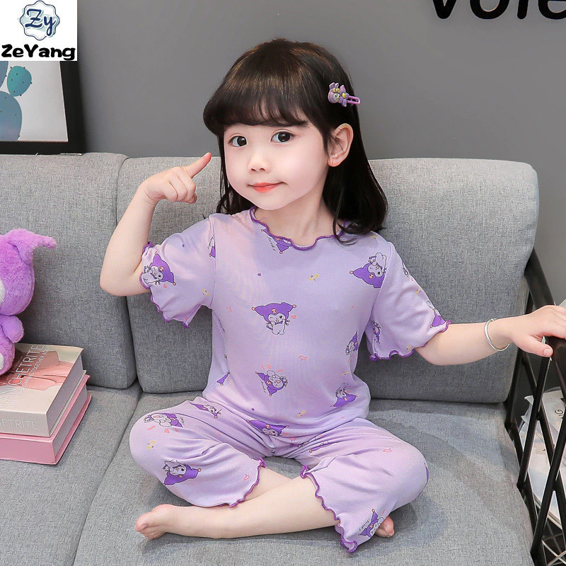 [ZY] 80-170 Bộ áo thun ngắn tay bằng lụa băng dành cho trẻ em mặc thường ngày tại nhà Bộ quần crop cho bé Bộ đồ ngủ Thời trang Quần áo trẻ em Vận chuyển nhanh