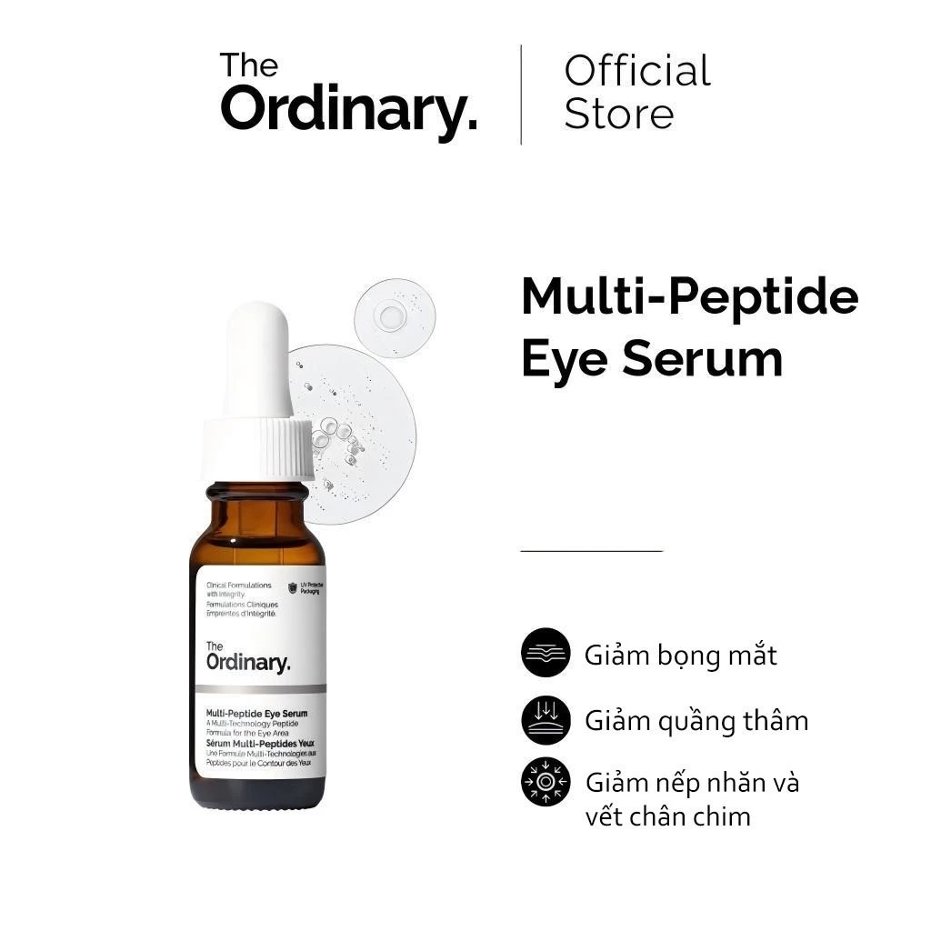 The Ordinary Multi-Peptide Eye Serum 15ML Giúp giảm các dấu hiệu lão hóa sớm, quầng thâm mắt và bọng mắt.