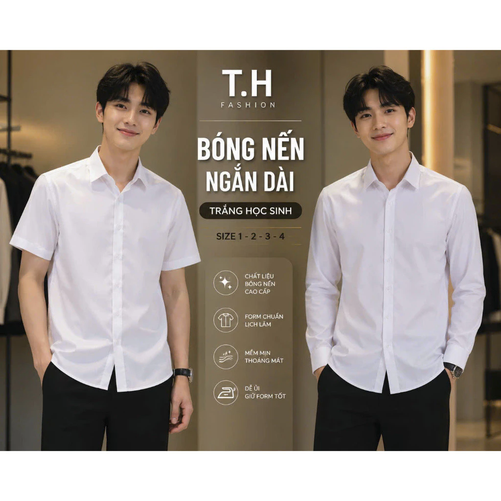 Áo sơ mi trắng nam tay dài tay ngắn đi học, đi làm, vải LỤA NẾN không nhăn, thấm hút mồ hôi TH