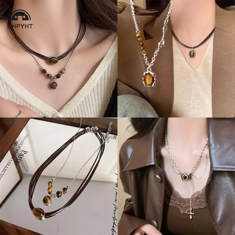 [SHPYHT] Mặt dây chuyền đá nâu bằng da cổ điển Nelace Staing Choker Tính khí xương đòn Dây chuyền dành cho nữ Cô gái Thu đông Nelace Mới