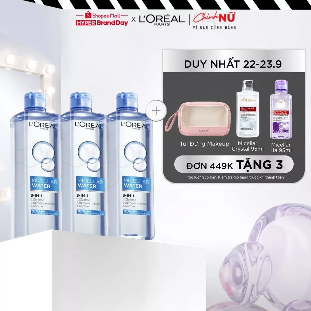 Bộ 3 nước tẩy trang đa năng 3-in-1 L'Oreal Paris Micellar tươi mát cho da dầu, hỗn hợp 400ml x 3