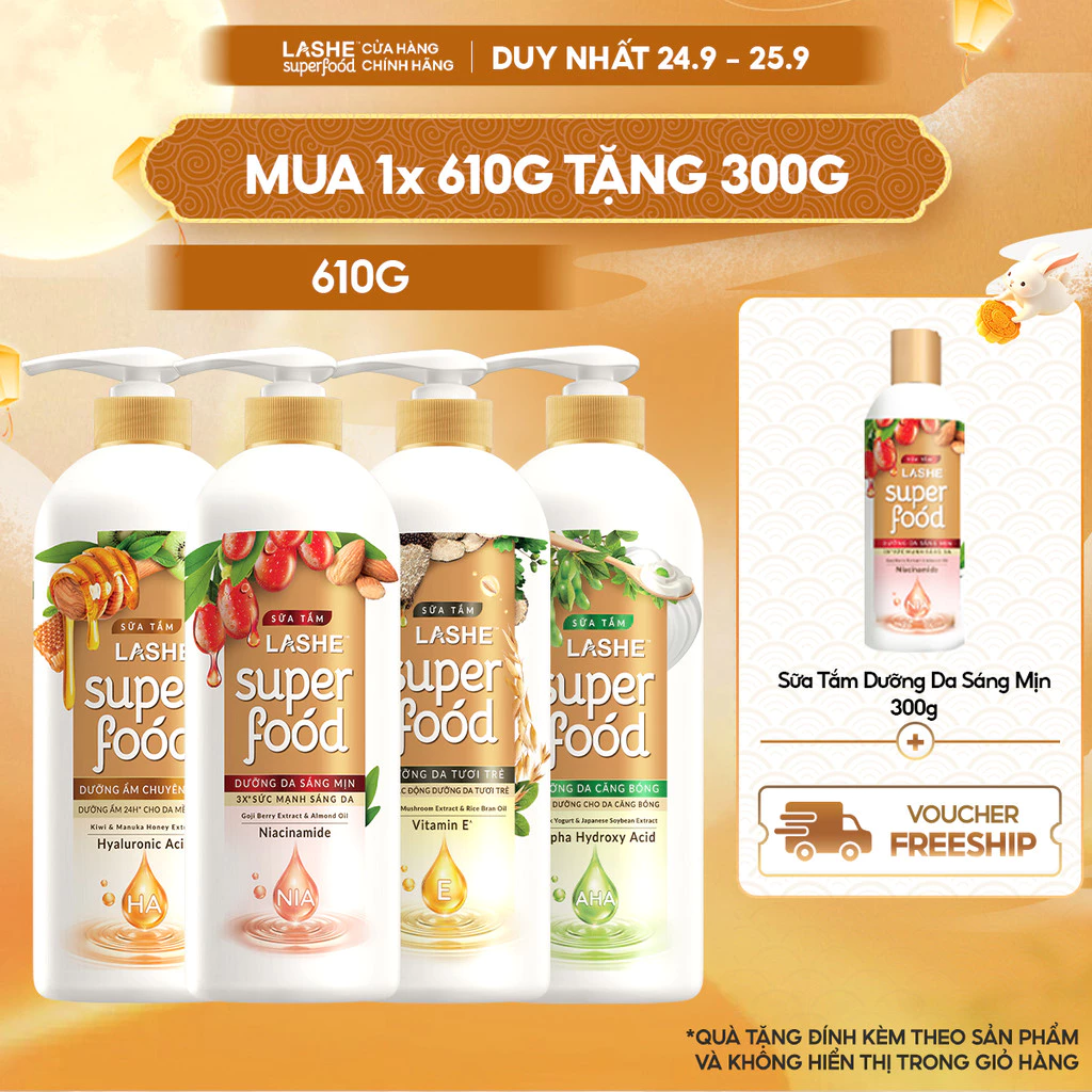 Sữa Tắm LASHE SUPERFOOD Dưỡng Sáng Mịn/Dưỡng Ẩm Chuyên Sâu/Da Tươi Trẻ/Dưỡng Da Căng Bóng 610G Tặng  Sữa Tắm 300G