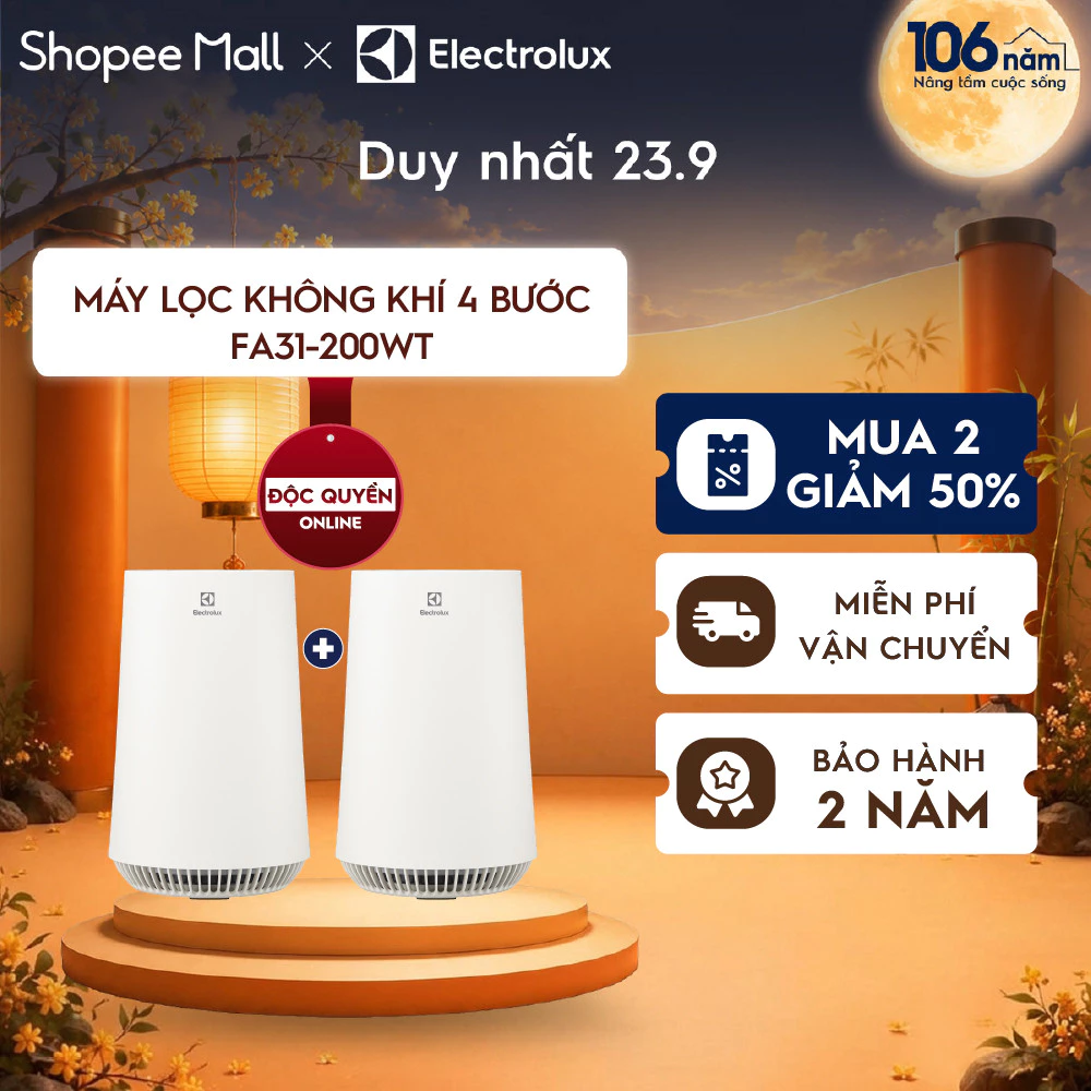 [MUA 2 GIẢM 50%] Máy lọc không khí 26m² Electrolux FA31-200WT-4 lớp lọc bụi mịn và khử mùi, yên tĩnh