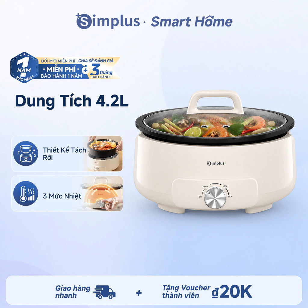 Simplus Nồi lẩu điện đa năng dạng tách rời 4.2L nồi điện chống dính gia dụng 1400W DHGH002