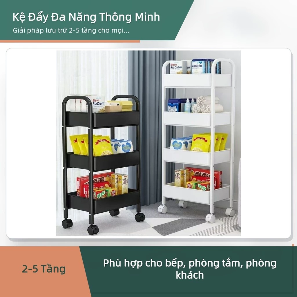 Kệ Đẩy Đa Năng 2-5 Tầng Có Bánh Xe Xoay 360 - Khung Nhựa ABS Chịu Tải 20kg Tiết Kiệm Không Gian Cho Bếp Phòng Tắm Phòng Khách ✨deerlu05.vn✨