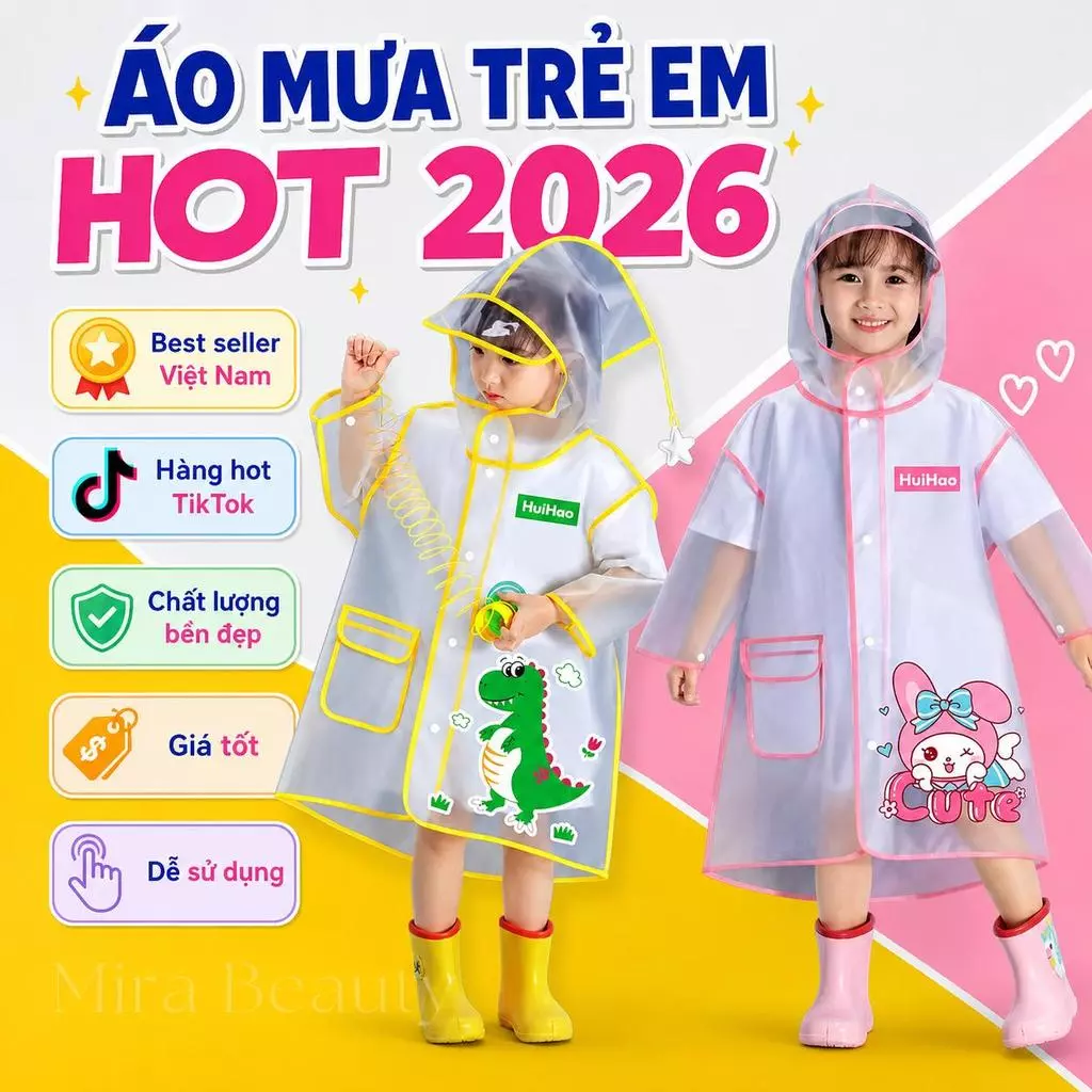 Áo Mưa Trẻ Em Trong Suốt Có Mũ, Chống Thấm Cho Bé Trai Bé Gái, Họa Tiết Khủng Long Thỏ Hồng Dễ Thương
