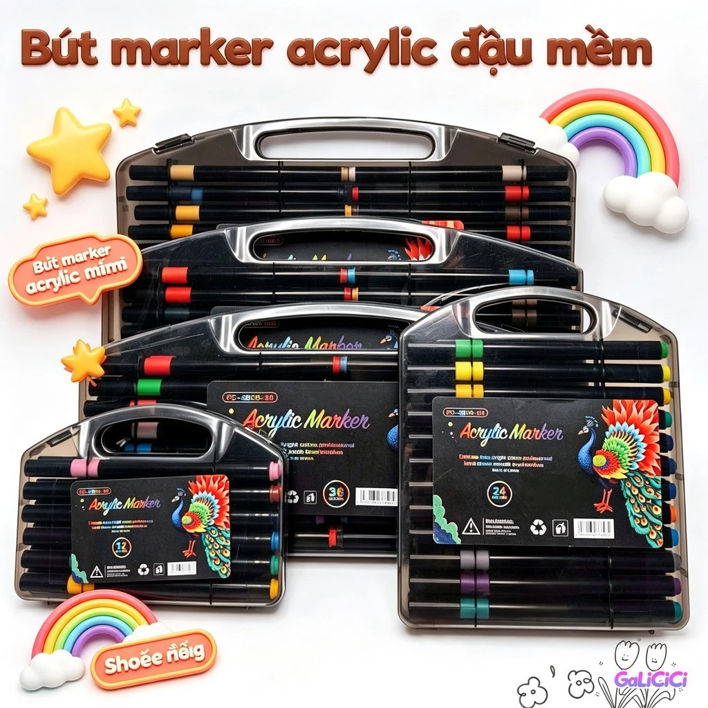 Bộ Bút Dạ Acrylic Đầu Mềm Không Độc Hại Có Thể Giặt Được An Toàn - Dụng Cụ Vẽ Tranh Mỹ Thuật Thủ Công DIY Cho Bé Học Tập