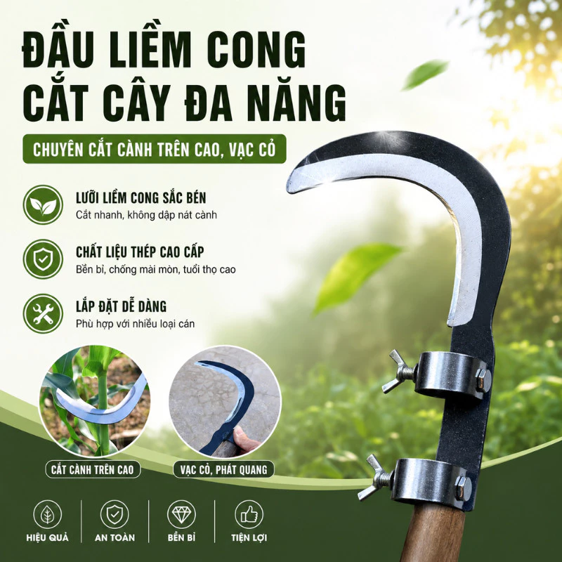 Đầu liềm cong làm vườn đa năng chuyên cắt cành trên cao, vạc cỏ, cắt cau, chặt chuối, làm dãy VN-8899