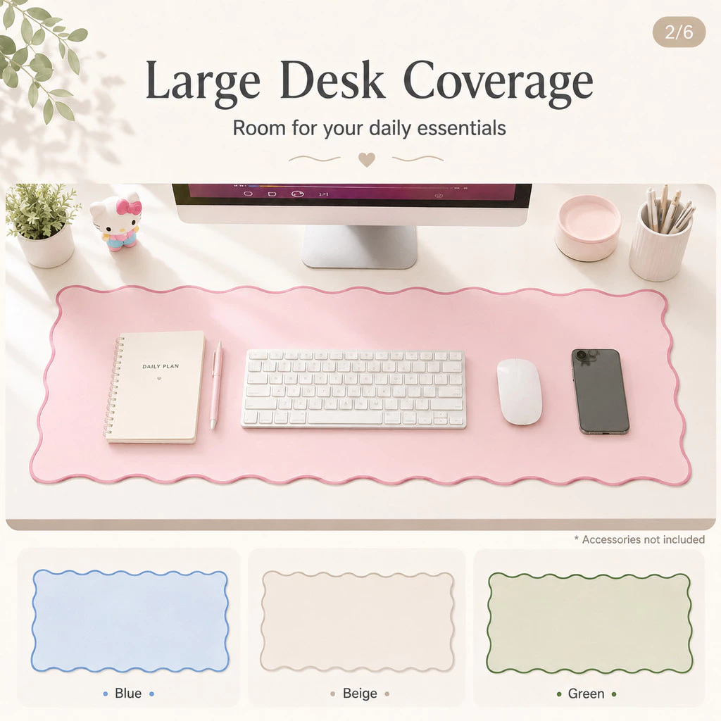 Thảm Lót Bàn Da PVC 35x80cm Chống Nước Chống Dầu Viền Gợn Sóng Hồng Xanh Dương Be Xanh Lá Phong Cách Tối Giản Hiện Đại