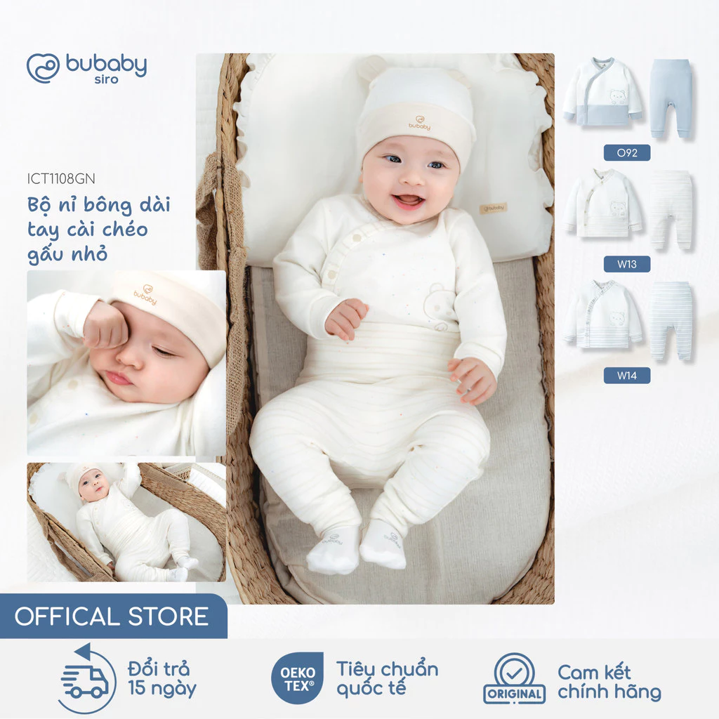 Bộ quần áo nỉ bông dài tay cài chéo Gấu nhỏ BU Baby, bộ thu đông mềm mịn ấm áp cho bé | ICT1108GN