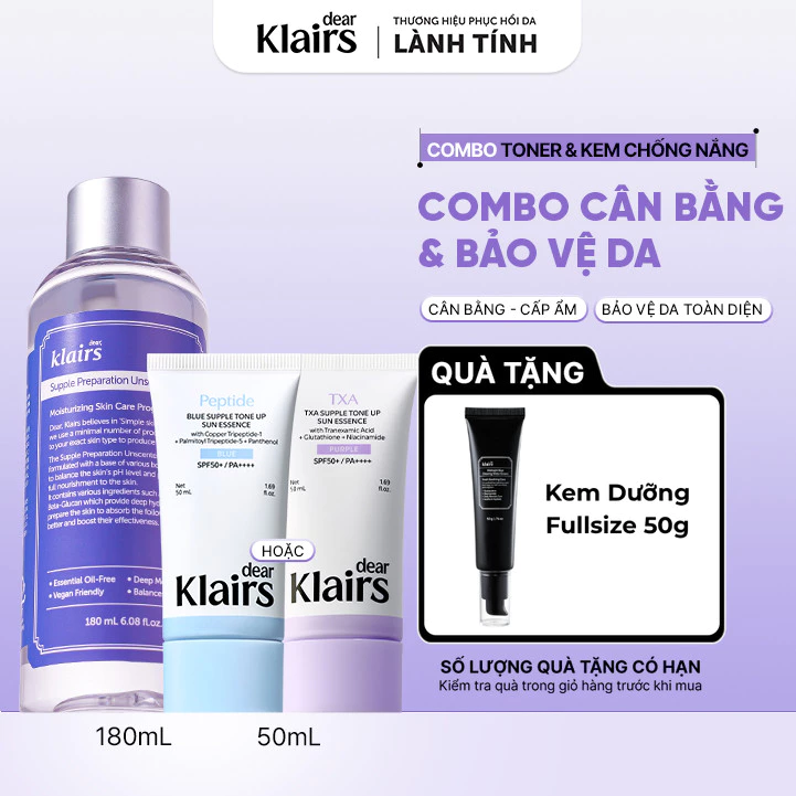 COMBO 2 món gồm Nước hoa hồng Unscented Toner 180ml + Kem chống nắng Tone Up Sun Essence 50ml [FS]